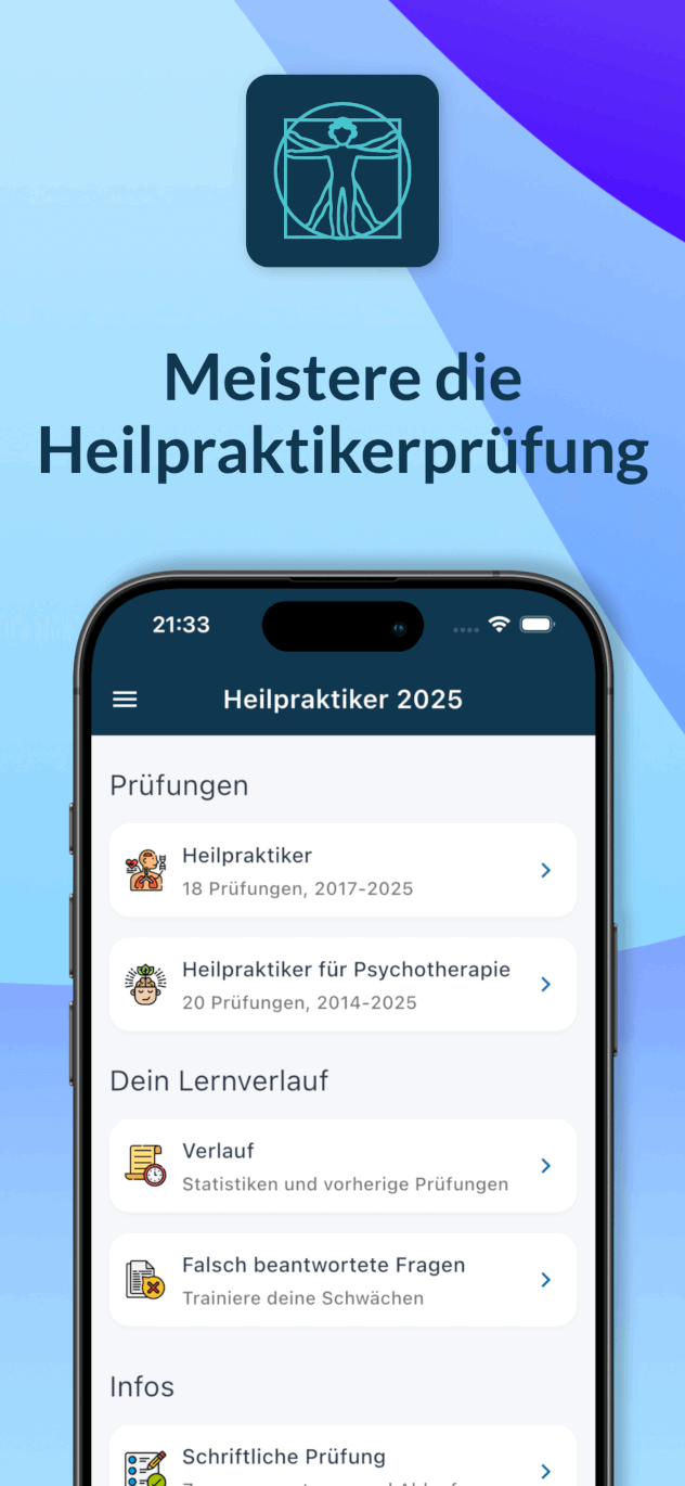 Heilpraktiker Prüfungstrainer – Startbildschirm mit Prüfungsauswahl